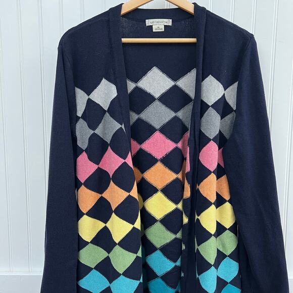 Liz Claiborne Cotton Cardigan Sweater Navy Argyle Diamond Rainbow Pastel XL - Picture 1 of 10